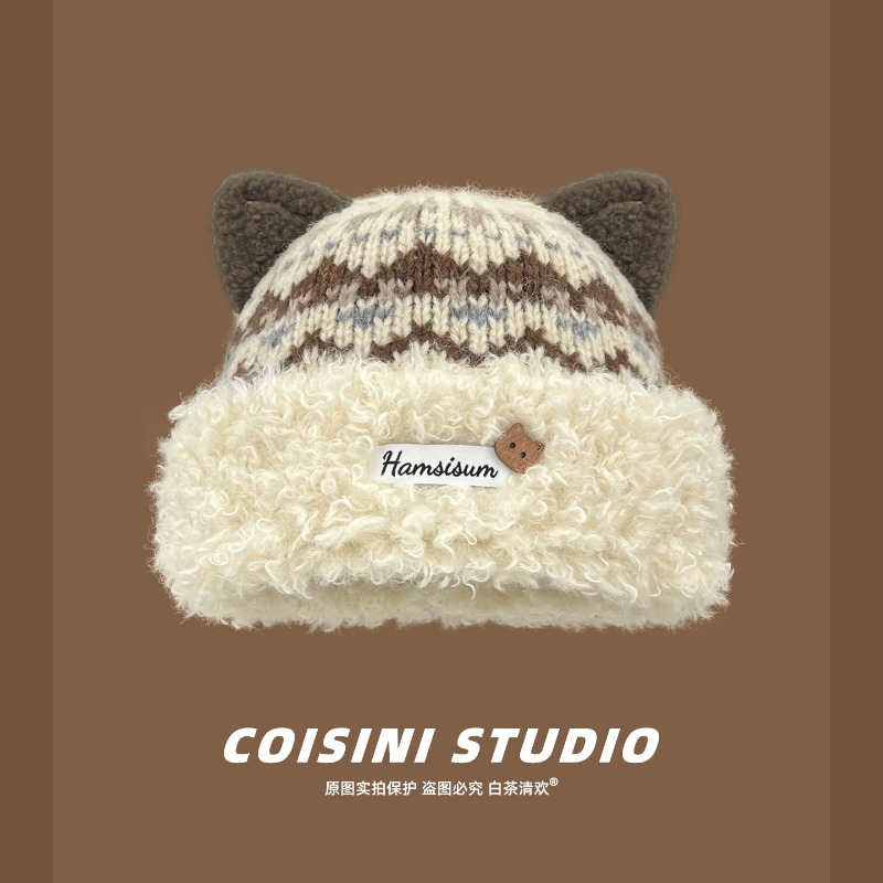 Beanie Cuffed Knit - Женская шапка-бини с милыми кошачьими ушками,